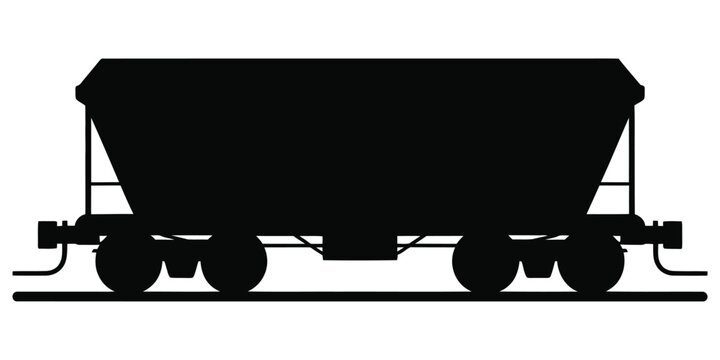 Silhouette of Freight Train Hopper Car on Railway Track &ndash; Black and White Vector Illustration of Industrial Cargo Wagon, Transportation, Logistics, Shipping, Mining, and Railroad Concept
