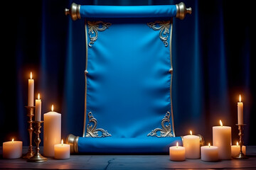 Blue scroll with golden accents surrounded by candles on dark background for design concept
