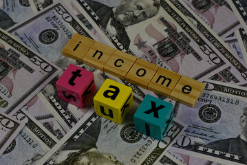 Wooden letter blocks spelling out "income tax" rest on a bed of US dollar bills.