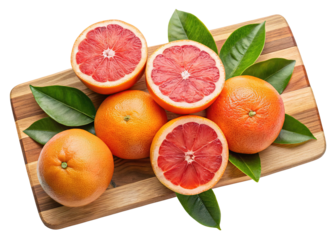 Vibrant ruby red grapefruits halved and whole arranged artfully on a rustic wooden cutting board with fresh green leaves