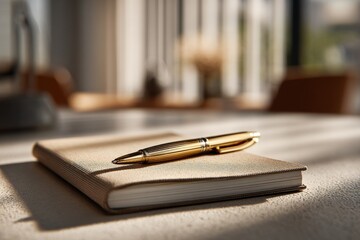 Elegant gold pen on textured notebook under morning sunlight