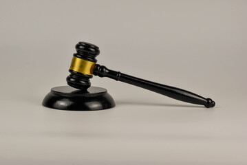 The gavel's dark silhouette against the light background.