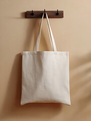 Blank Cream Tote Bag Hanging on beige Wall Hook