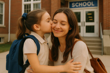 Daughter kissing mother in front of school building