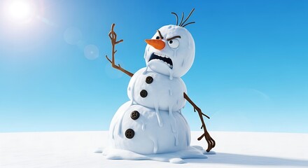 Obraz premium A furious snowman character is melting in the bright sunshine, expressing anger and frustration with the warm seasonal weather.