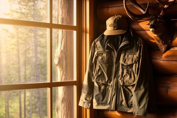 Hunting jacket and cap hanging in a wooden cabin next to a deer trophy