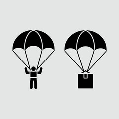 parachute, skydiver, cargo, drop, icon, vector, silhouette, jump, delivery, air, flight, descent, equipment, sky, transport, package, aviation, aerial, shipping, glide, fall, deploy, canopy, military,