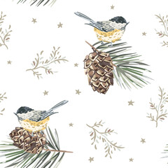 Christmas seamless pattern, chickadee birds, twigs, pine cones, stars, white background. Vector illustration. Nature design. Season greeting. Winter Xmas holidays © ojardin