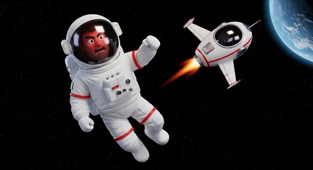 Fototapeta premium A humorous red character astronaut looking shocked as he is stranded in deep space while his rocket ship flies away.