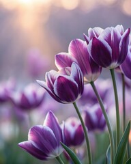 Fototapeta premium Close up of purple tulips with white edges in soft light