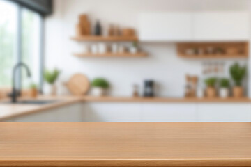Kitchen wood table top for product display with blurred modern interior. Wooden tabletop over...