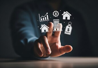 Finger touching a digital screen displaying various technology icons representing modern connectivity and innovation