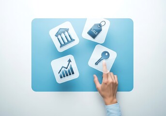 Hand pointing at floating digital icons representing banking real estate price tag market growth chart and key symbol on a blue background