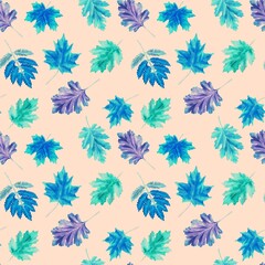 Blue-green leaves, seamless watercolor pattern