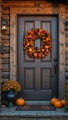 Obraz premium Rustic front porch with autumn wreath of maple leaves and pinecones, pumpkins nearby Generative AI