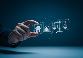 Businessman hand selecting digital icons of real estate investment market analysis and legal balance representing property law financial planning housing value and real estate management technology


