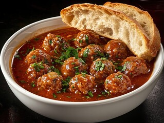 A bowl of meatball soup garnished with parsley and served with crusty bread on the side, 