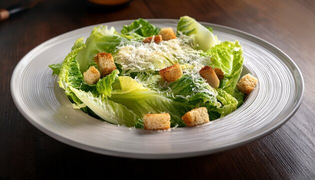a creamy caesar salad with romaine lettuce parmesan shavings and garlic croutons