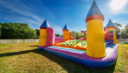 bright and vibrant bouncy castle on the playground under the summer sun