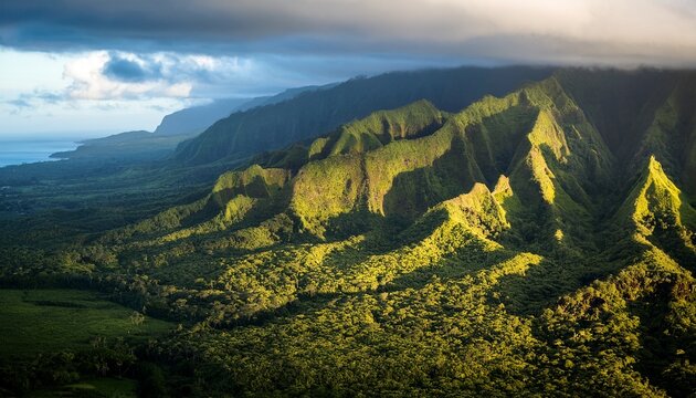 exploration of molokai forest reserve showcasing a volcanic landscape and lush greenery aerial molokai forest reserve a mountainous volcanic region
