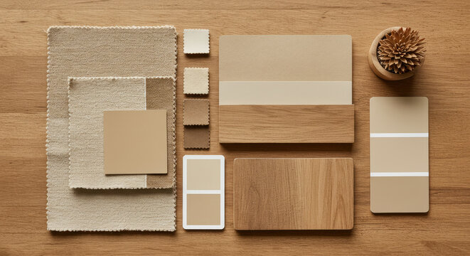Neutral Interior Design Mood Board with Fabric and Wood Samples. - Powered by Adobe