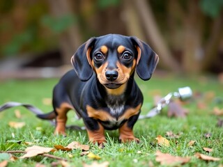 Cute dachshund puppy standing on green grass with autumn leaves and a leash