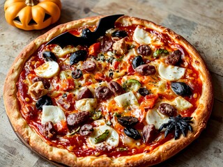 Halloween-themed pizza topped with various ingredients and spooky decorations on a wooden table