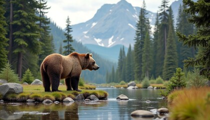 Grizzly bear standing by a serene river in a mountainous forest landscape
