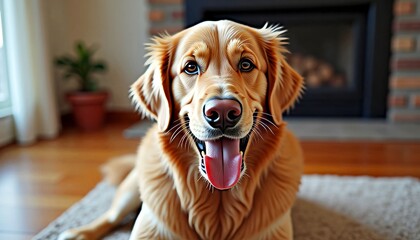 Friendly golden retriever dog posing for a portrait in a cozy living room
