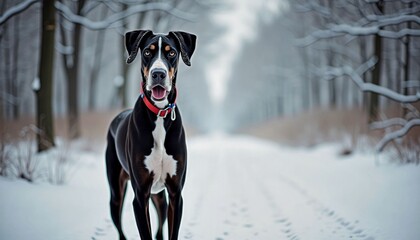 Elegant Great Dane dog standing in a snowy forest with a happy expression