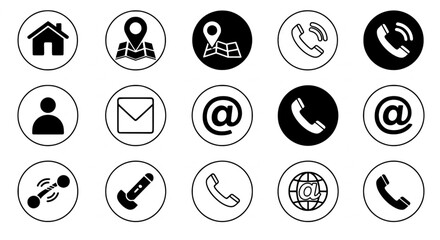 Set of contact and communication icons in silhouette and outline circle style. Contact information icons for business cards. Includes home, map pin, globe, phone call at symbol. Vector illustration.
