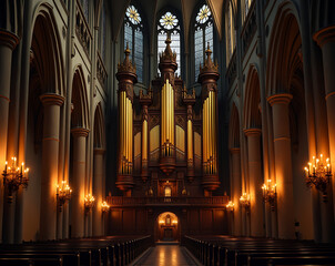 An awe-inspiring view of a grand pipe organ in a historic Gothic cathedral, lit by soft candlelight.