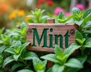 Vibrant Fresh Green Mint Plants with a Rustic Wooden Garden Label, Bathed in Sunlight in a Lush Organic Herb Garden