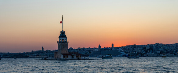 Maidens Tower in Istanbul, Turkey. (Turkish Name: Kiz Kulesi). Beautiful evening view in Istanbul.