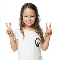 Young girl smiling and showing peace sign while dressed in white  