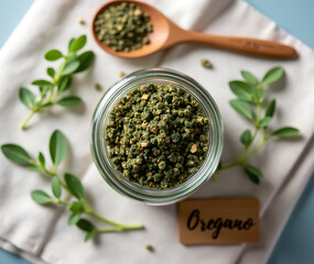 Aromatic dried oregano in a glass jar, complemented by fresh sprigs and a wooden spoon, seen from a top-down perspective