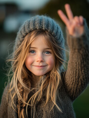 Young girl smiling while holding up peace sign outdoors  