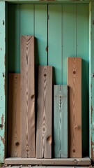 Weathered wooden blocks standing upright against a teal wooden plank wall.