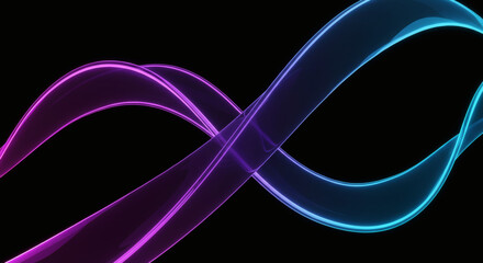Neon 3D glass ribbons in blue and pink on a black background, abstract futuristic design.