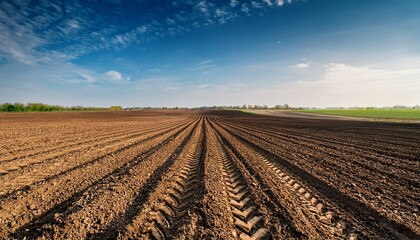 field prepared for sowing and tractor tire tracks on a farm a cultivated field in rural areas the plough is an agricultural technique used to fertilize land