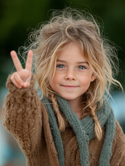 Girl raising peace sign with joyful expression outdoors in autumn  