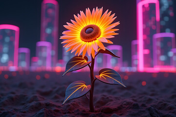 Neon Sunflower A Futuristic Bloom in the Cityscape