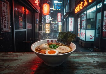 Delicious Steaming Ramen Bowl in a Neon Japanese City at Night