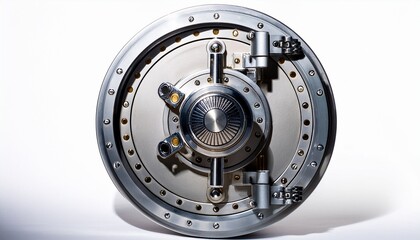 vault door slightly open on white background circular steel form with intricate lock heavy texture and deep shadows emphasize security