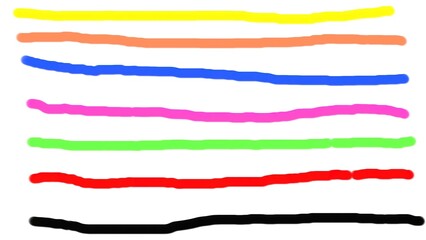Seven colorful handdrawn brush strokes in various colors isolated on a white background
