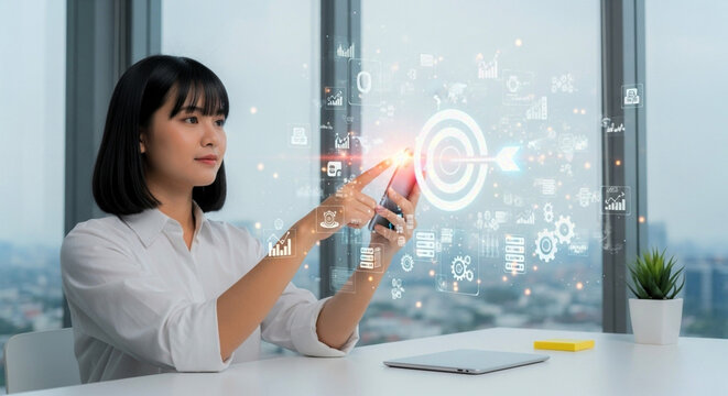 Business woman using phone for marketing strategy digital targeting and data analytics growth concept - Powered by Adobe