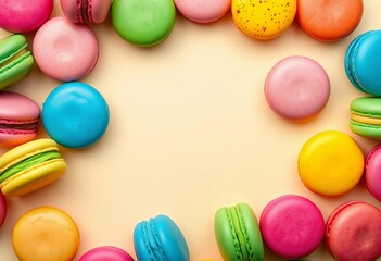 Cream backdrop showcases a playful arrangement of vibrantly colored macarons,  pastry,  sweets