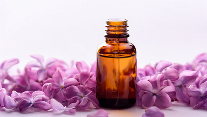 A glass bottle filled with golden essential oil surrounded by vibrant pink lilac flowers on a soft background, symbolizing natural beauty and wellness.