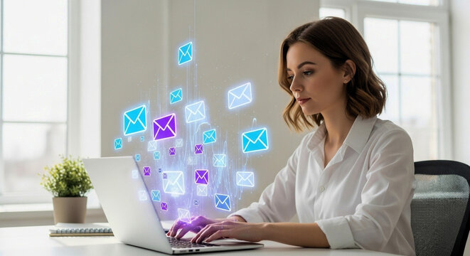 Woman sending email marketing newsletter online business digital communication email campaign strategy laptop