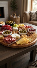 Elegant Charcuterie Board with Cheese Meats and Olives at Home